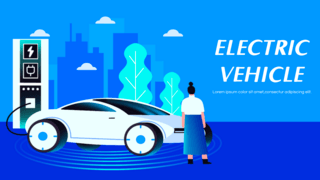 智能交通插画海报模板_蓝色渐变色创意电动汽车网页