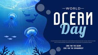 海底世界水母海报模板_蓝色水母光晕世界海洋日模板