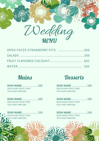 温馨复古海报模板_绿色浪漫温馨创意水彩花卉婚礼菜单