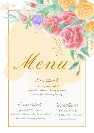 水彩玫瑰创意婚礼花卉婚礼菜单