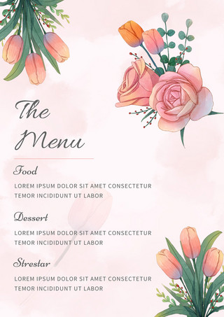 粉色温馨水墨水彩花卉婚礼菜单
