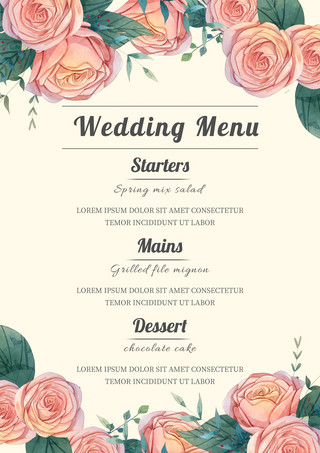 水彩温馨海报模板_黄色浪漫温馨水彩花卉婚礼菜单