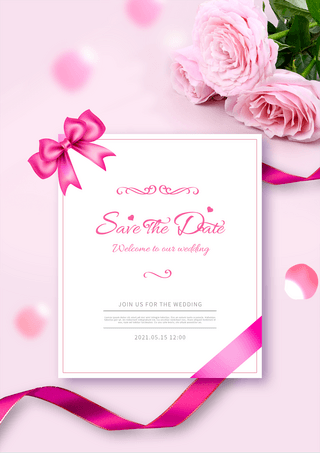 浪漫粉色婚礼海报模板_浪漫粉色玫瑰花丝带婚礼邀请函海报