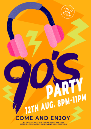 音乐party海报模板_彩色黄色耳机90年代音乐派对传单