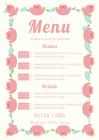 粉色花朵花环海报模板_粉色水彩花卉几何花环婚礼菜单
