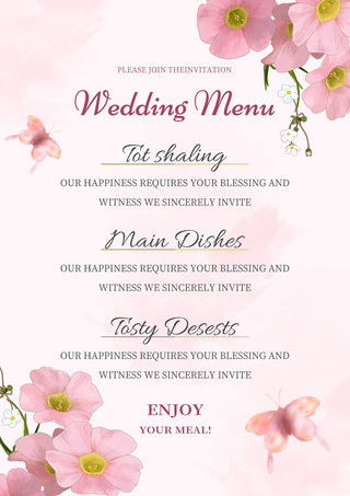 水彩花环边框海报模板_粉色浪漫水彩蝴蝶花卉婚礼菜单