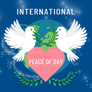 地球爱心海报模板_蓝色创意爱心鸽子国际和平日媒体社交模板