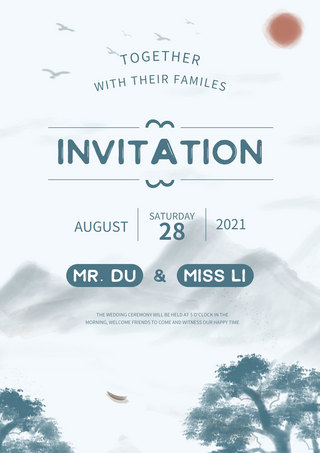 蓝色带水彩景观背景模板的结婚邀请函