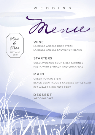 紫色芦苇水彩风景婚礼菜单传单