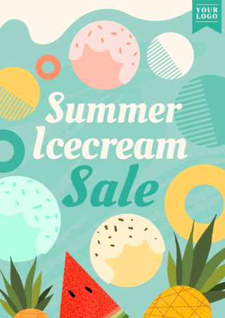 夏天冰淇淋广告海报模板_几何圆形夏季冰淇淋促销传单海报