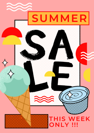 夏季时光海报模板_粉色复古几何夏季冰淇淋促销海报