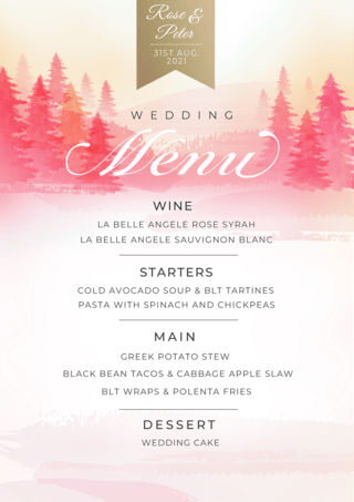 粉色树林水彩风景婚礼菜单传单