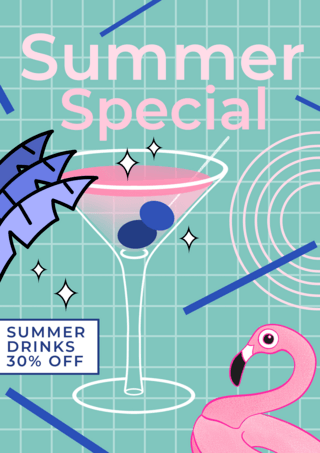 夏季时光海报模板_几何装饰粉色绿色夏季饮料促销海报
