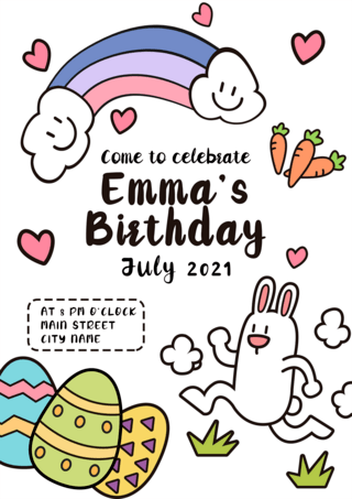 粉绿蓝黄色简约涂鸦彩虹生日请柬邀请函