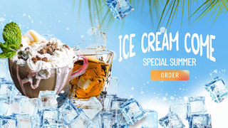 夏天的海边海报模板_蓝色冰块夏季雪糕冰淇淋饮品网页
