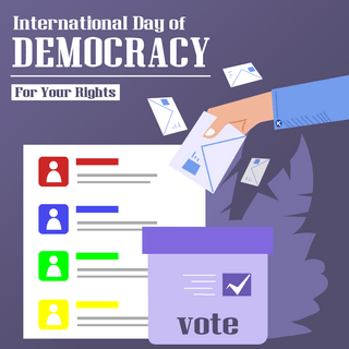 选举卡通海报模板_国际民主日紫色卡通选举表投票箱社交媒体模板