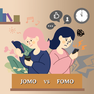 fomo vs jomo cute cartoon clock and girl social media post