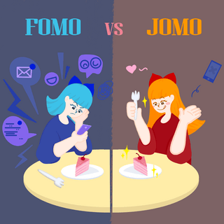 盖章out海报模板_fomo vs jomo cute cartoon round table girl social media post