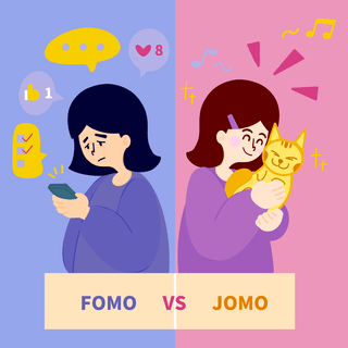 硬币out海报模板_fomo vs jomo cute cartoon girl color contrast social media post