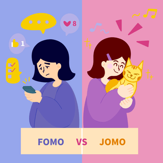 fomo vs jomo cute cartoon girl color contrast social media post