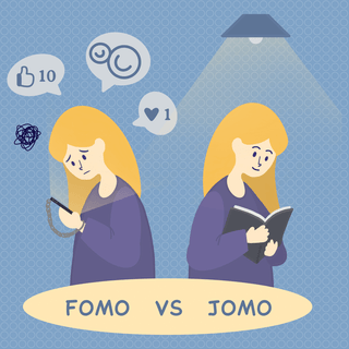 cartoon海报模板_fomo vs jomo cute cartoon girl blue social media post