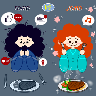 盖章out海报模板_fomo vs jomo cute cartoon steak cutlery and girl social media post