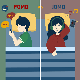 fomo vs jomo cute cartoon boy and girl in bed social media post