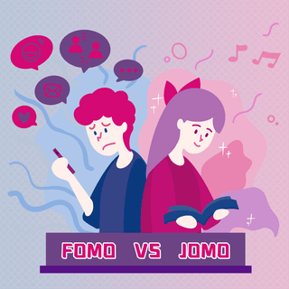 fomo vs jomo cute cartoon boys and girls social media post