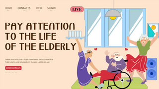 老人帮助海报模板_黄色疗养院爱护老人落地页模板