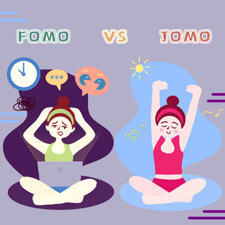 fomo vs jomo cute cartoon girl yoga and computer social media post