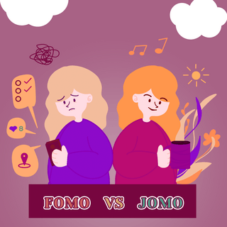 fomo vs jomo cute cartoon long hair girl and cloud social media post