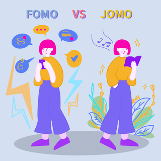 盖章out海报模板_fomo vs jomo cute cartoon girl book and mobile phone social media post