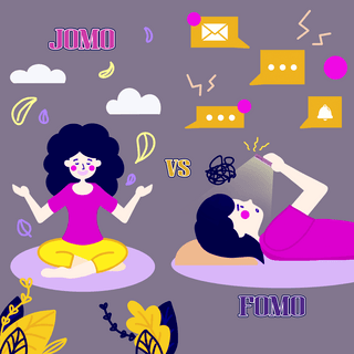 fomo vs jomo cute cartoon girl meditation and mobile phones social media post