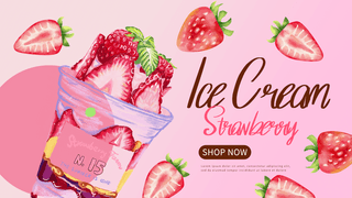 美味的冰淇淋美食海报模板_粉色草莓冰淇淋促销横幅
