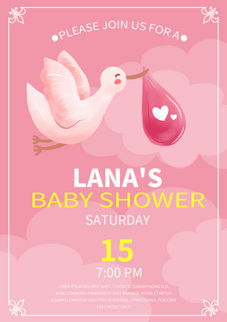 轻奢淋浴海报模板_粉色带鹳的婴儿淋浴邀请模板