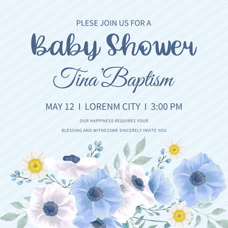 蓝色温馨水彩花卉婴儿洗礼媒体社交模板