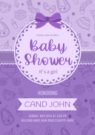 紫色创意可爱婴儿洗礼邀请函