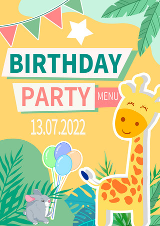 派对动物海报模板_剪贴纸长颈鹿生日快乐庆祝派对模版