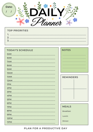 日历学习计划海报模板_花朵植物风格每日计划表单