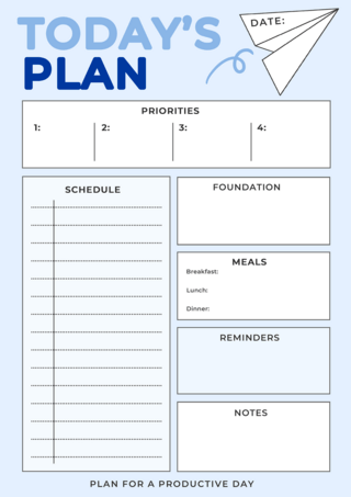蓝色干净风格纸飞机每日计划表