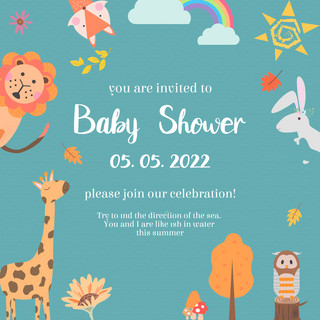 轻奢淋浴海报模板_小动物婴儿淋浴邀请卡