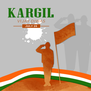 cartoon海报模板_kargil vijay diwas cartoon military salute and flag silhouette social media post