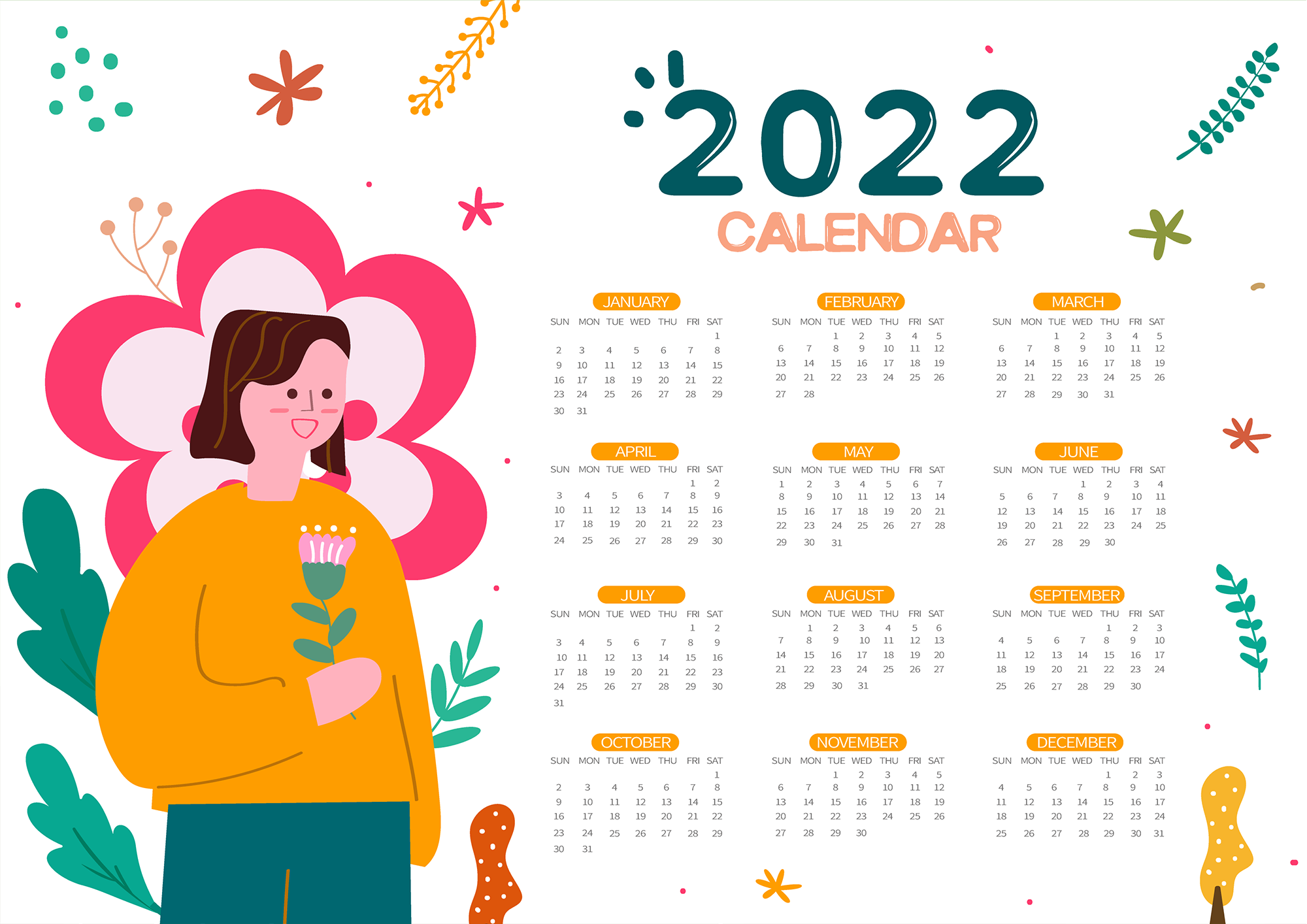 植物花朵女孩2022日历模板图片