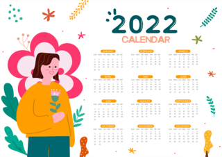 女孩开心海报模板_植物花朵女孩2022日历模板