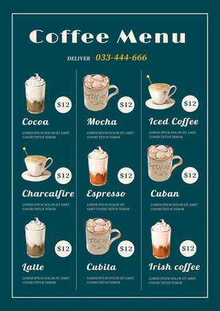 咖啡厅菜单海报模板_绿色简约咖啡厅菜单