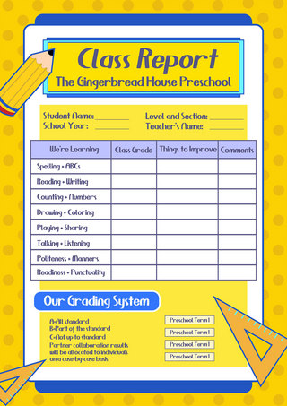 蓝色学校卡通海报模板_成绩单幼儿园评分等级黄蓝色简约卡通可爱传单