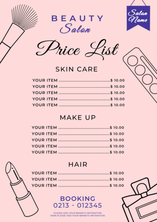 美容院价目表海报模板_化妆品美容院线稿粉色价格表