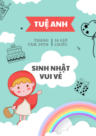 越南卡通生日贺卡蓝绿色海报