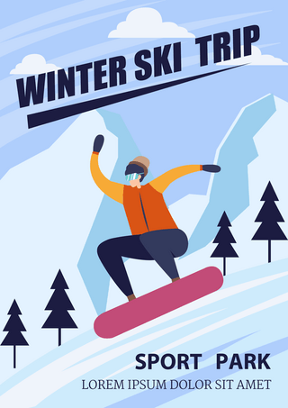 背景高山海报模板_滑雪运动卡通插画海报