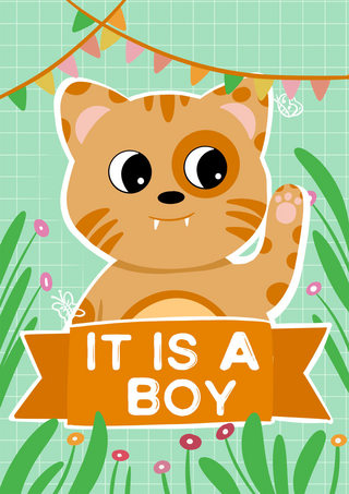 男孩男孩猫海报模板_送礼会男婴卡通猫可爱绿色邀请函